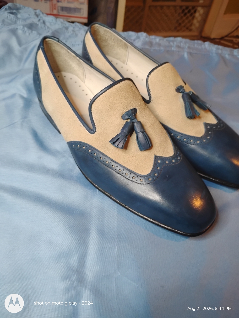 Men's Two-Tone Blue and Beige Tassel Loafers